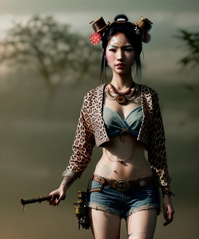 Ultra realistic, steampunk western party scene. Geisha Asian woman with leopard, waist up view, smoke, happy, color fog, people background, highly detailed, concept art, unreal engine 5, god rays, ray tracing, RTX, lumen lighting, ultra detail, volumetric lighting, 3d, finely drawn, high definition, high resolution.