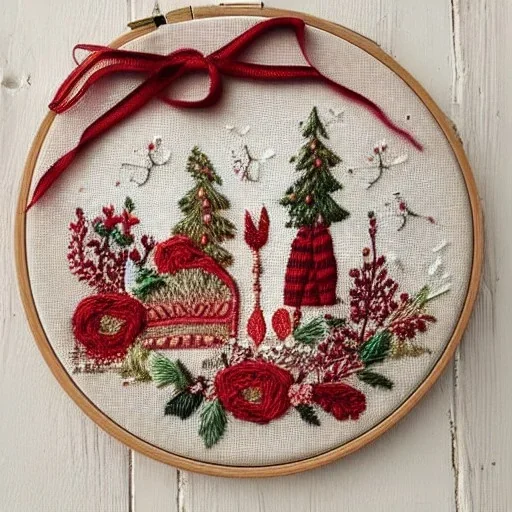 exquisite whimsical christmas in embroidery hoop, intricate, highly detailed, linen and wood backdrop