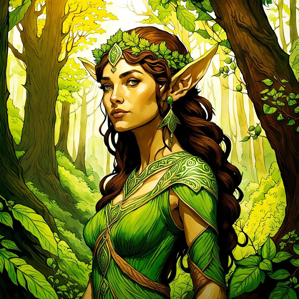 create an oil and watercolor full body portrait of a forest elf enchantress fantasy art character, with highly detailed, sharply lined facial features, in the deep spring forest of Brokilon , finely inked, in rustic earth tone colors, 4k in the style of Maxfield Parrish