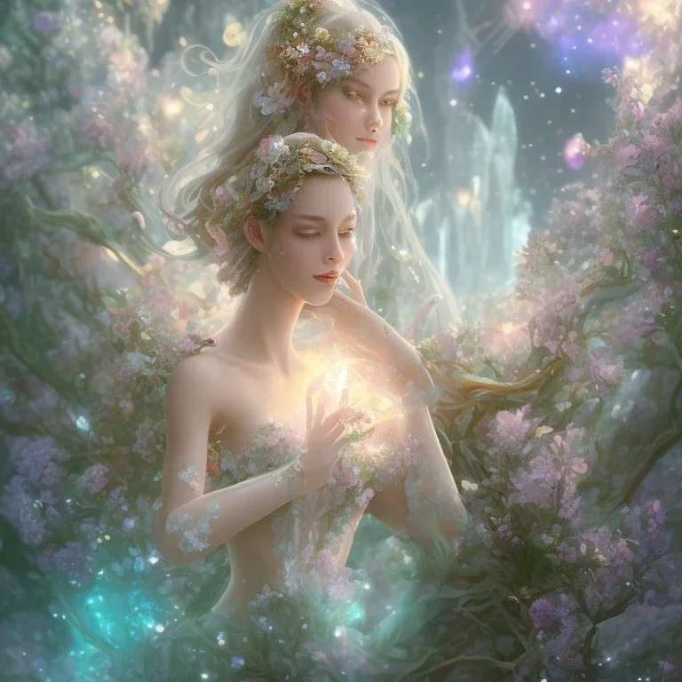 one big crystal subtle flower in a galactic ambiance with a beautiful fairy, transparent petals, delicate colors, in the foreground, full of details, smooth，soft light atmosphere, concept art, smooth, extremely sharp detail,