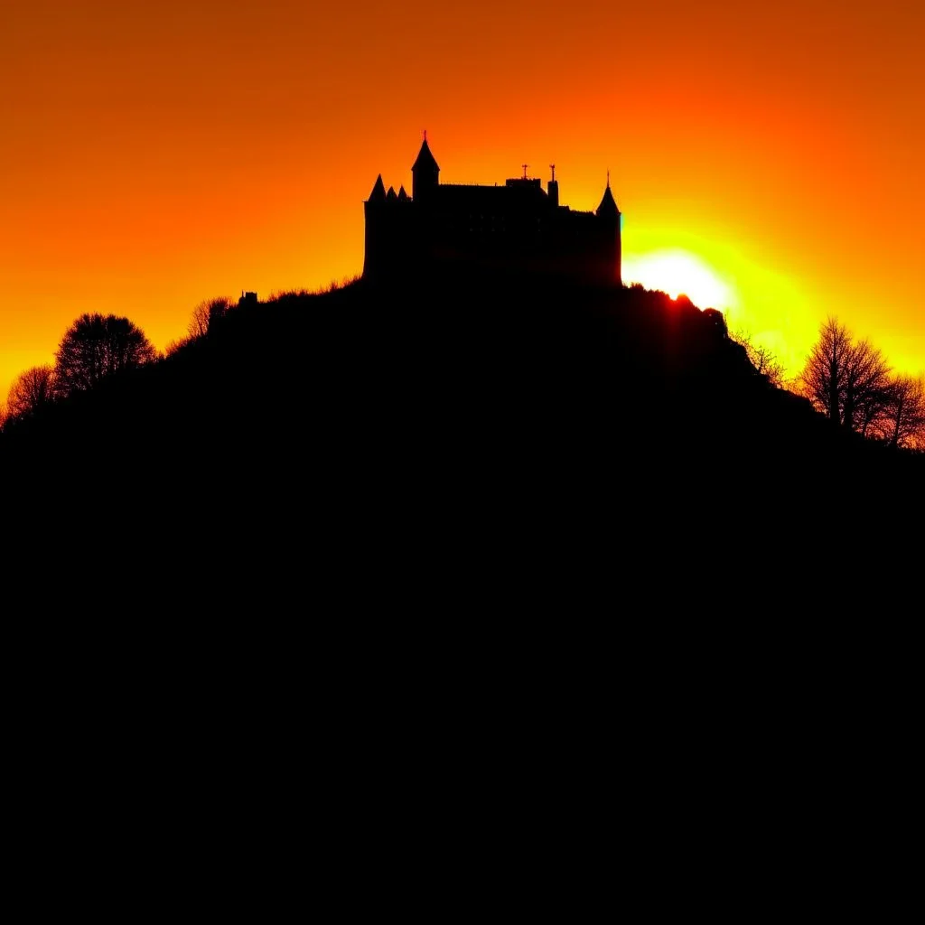 Silhouette of the Czech castle "Trosky" at sunset.