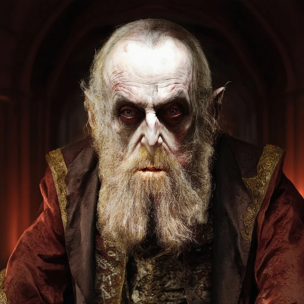 very grainy discolored modern photo, closeup portrait, dark ancient hall with no lights, grunge, extremely old male with chalk-white skin wearing old dashing and opulent gilded clothes, threatening, imposing, nosferatu