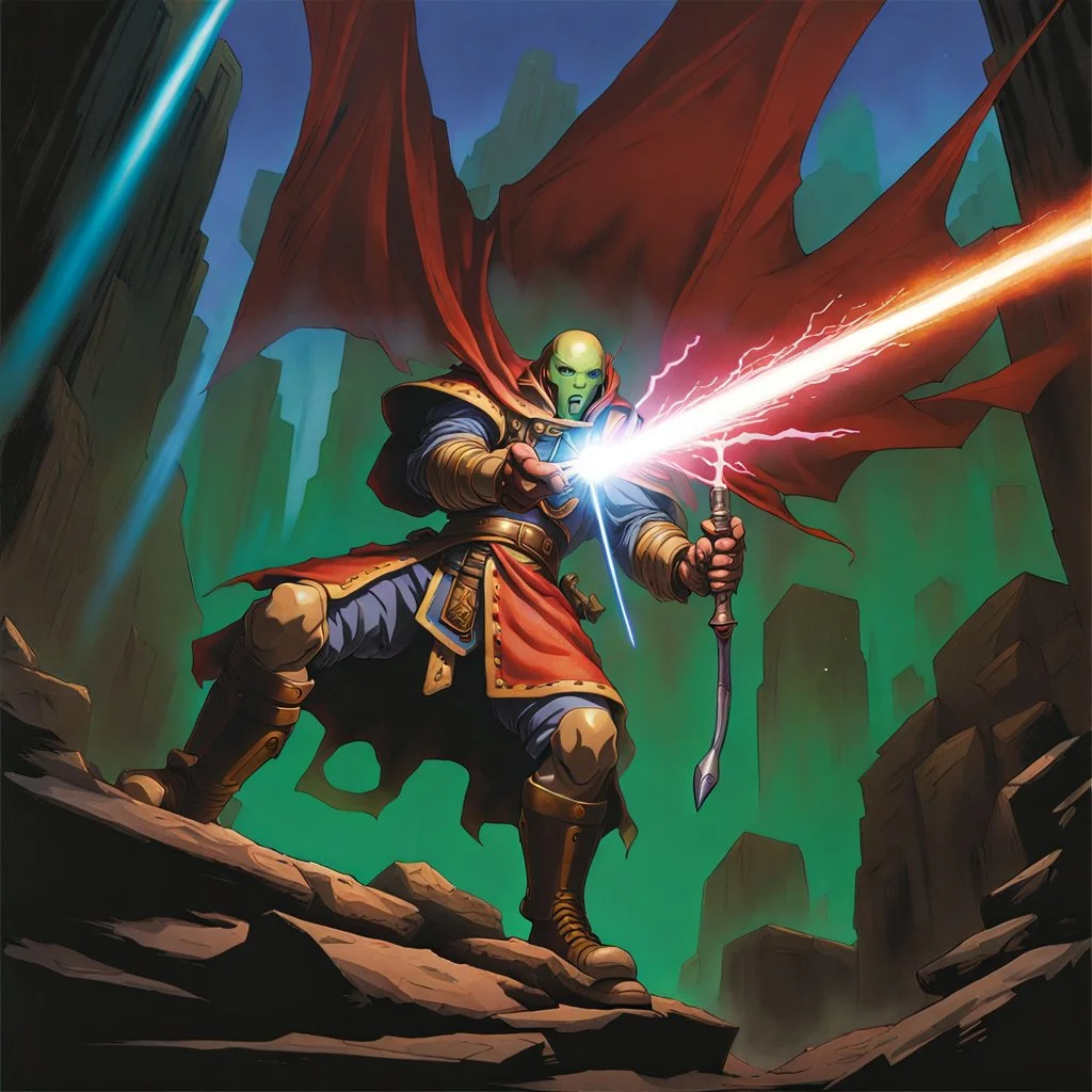 fantasy 90's laser destroying a humanoid male figure art tcg