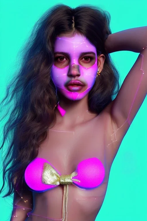 Ultra Realistic image, Rosalía artist, portrait, normal complexion, waist up portrait, two bows hair ,black eye long line, sweet face, t-shirt with holes, inflatable open coat, gold pink and blue style, spray glow make up, big geometric led jewelry, fog, hot, inflatable style latex coat, vibrant color, highly detailed, art stations, concept art, smooth, unreal engine 5, god rays, ray tracing, RTX, lumen lighting, ultra detail, volumetric lighting, 3d, finely drawn, high definition.