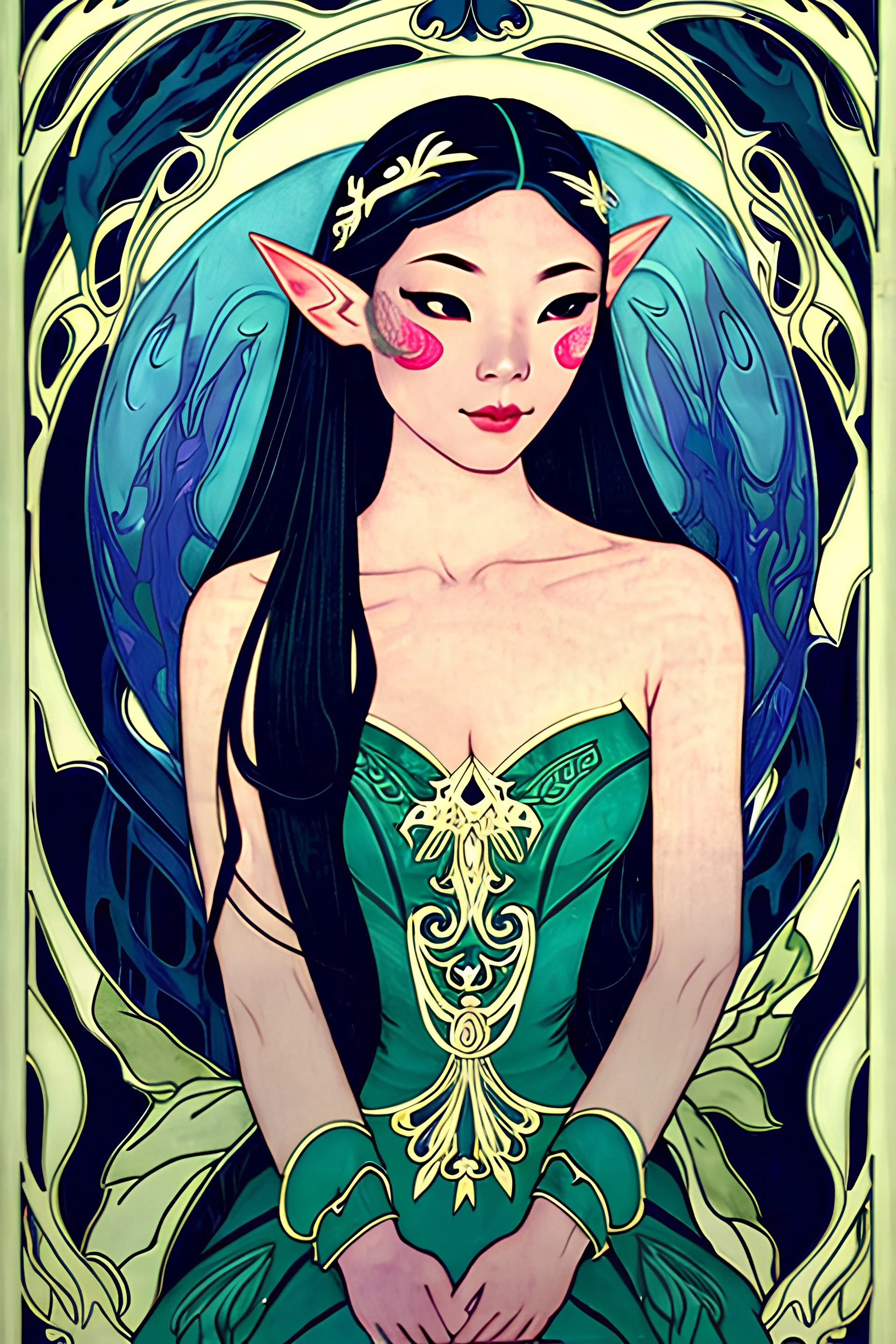 Art Nouveau art style A beautiful as a model asian woodland elf princess who looks like a young Lucy Liu seated on a throne in a mystical forest