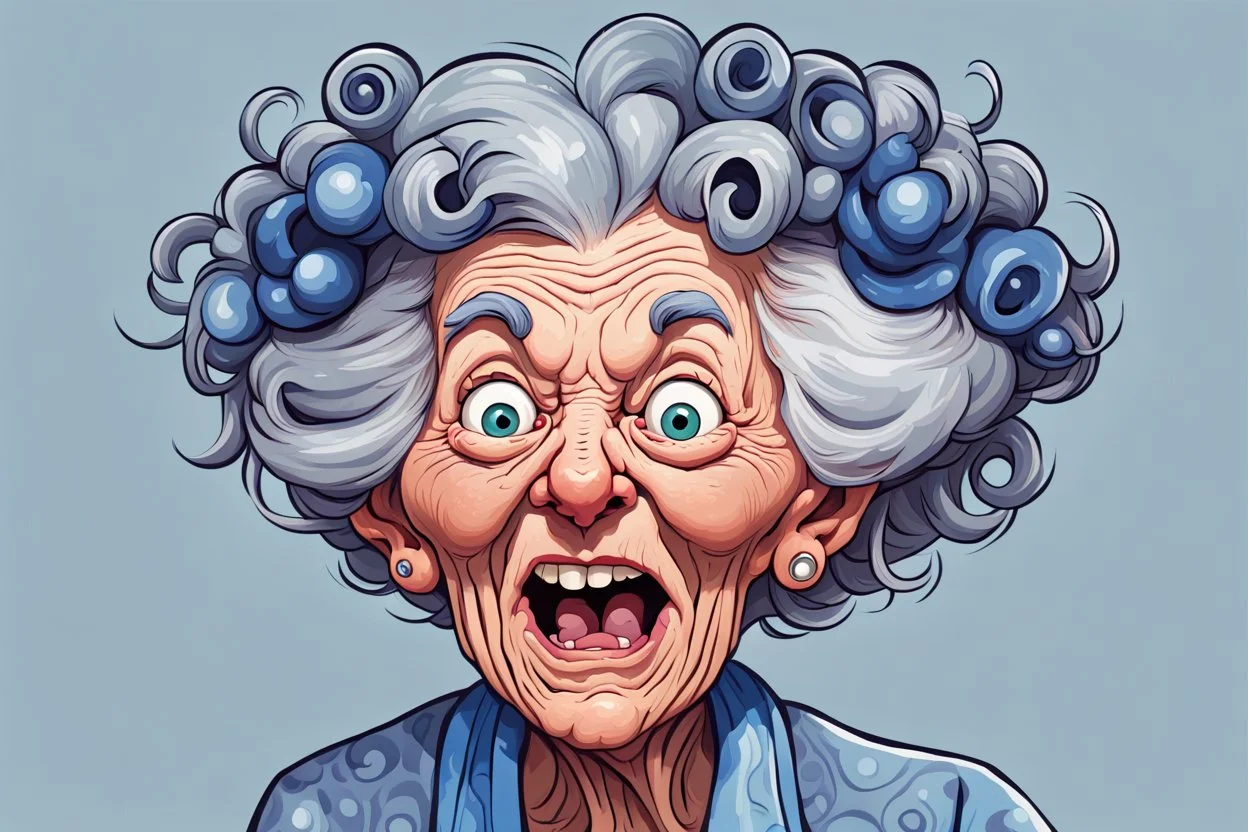 A delightfully eccentric cartoon illustration of a spirited elderly woman with wild gray hair in messy curlers, standing straight up a round her head. Her exaggerated facial features include wide-open eyes with visible blue irises and large pupils, a humongous open mouth as if screaming animatedly, and her wrinkled skin showcases her age. The woman is fervently pouring coffee from an overflowing black pot into an overfilling white cup, with coffee spills frozen mid-air. She wears a pink shirt w