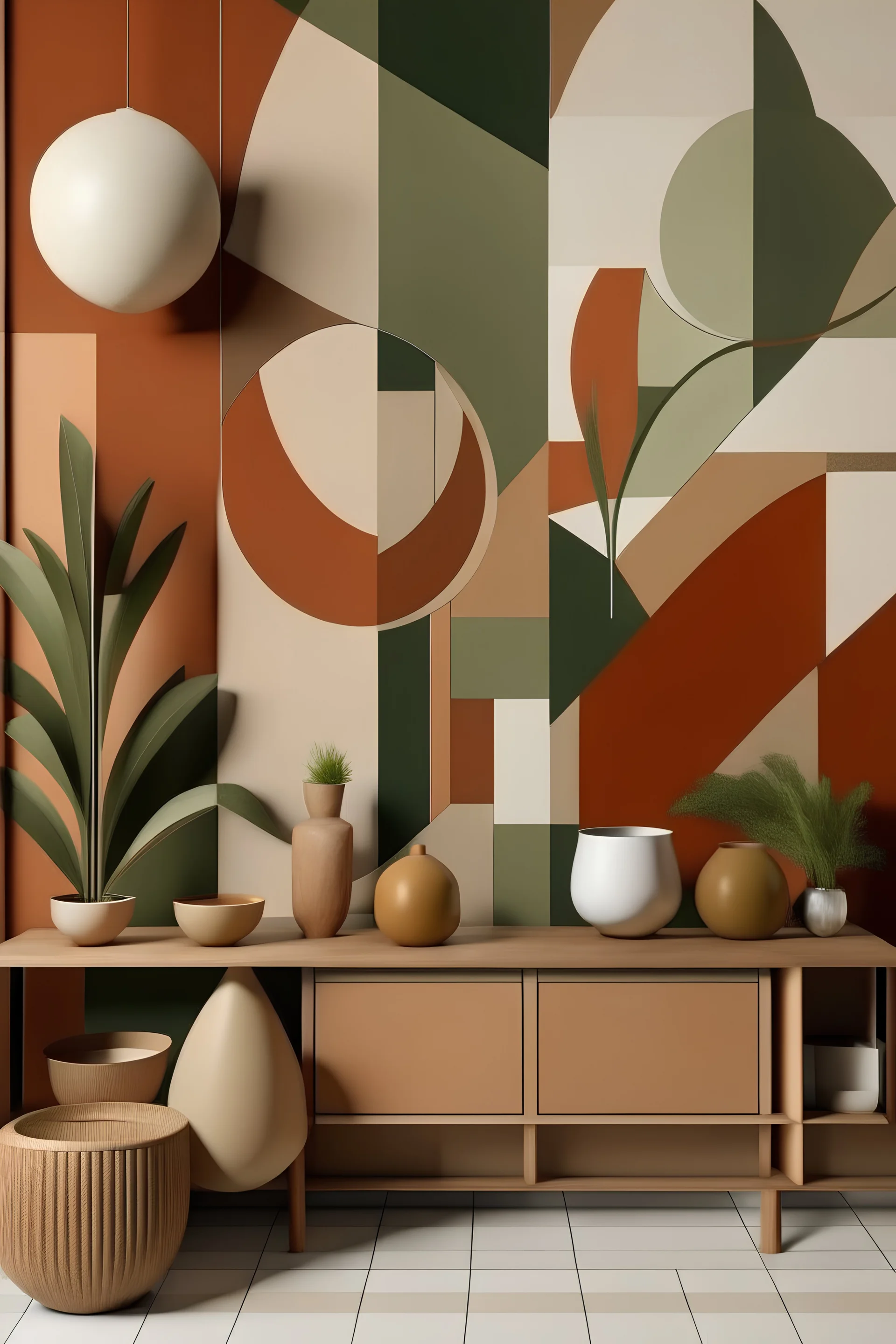 Create handpainted wall mural inspired by Cubist still life, showcasing everyday objects in geometric forms. Use warm earthy tones such as terracotta, sage green, and sandy beige for a cozy and inviting atmosphere.