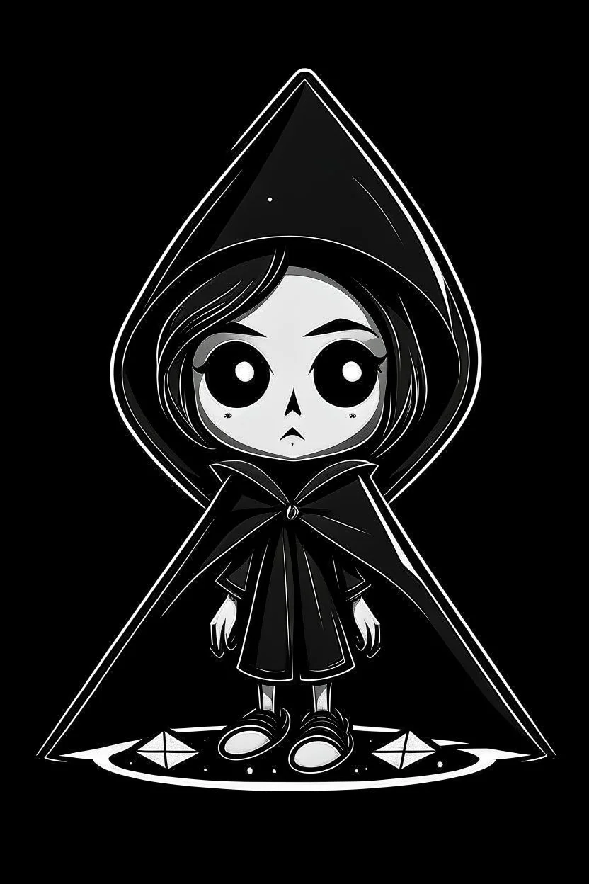chibi skeleton in a black hooded cloak drawn in a retro mascot cartoon style, inside a light diamond shape on a black background, monochromatic