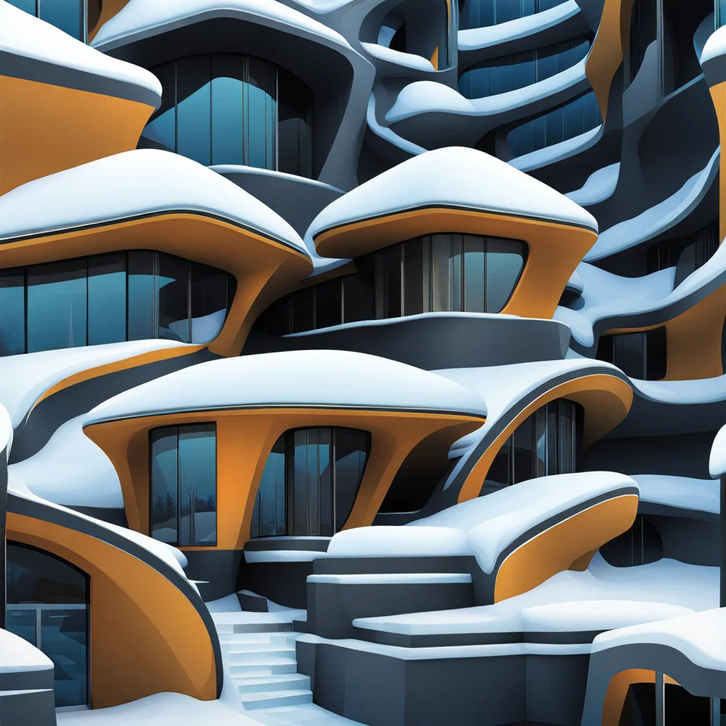 Zaha Hadid style snow hut, digital art, hyper-detailed, light colors, 8k oil painting