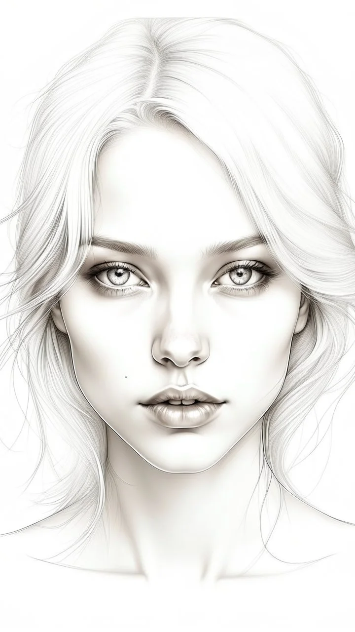 A beautiful face of woman all white skin, white eyes, white hair on a white background, pencil sketch drawing style