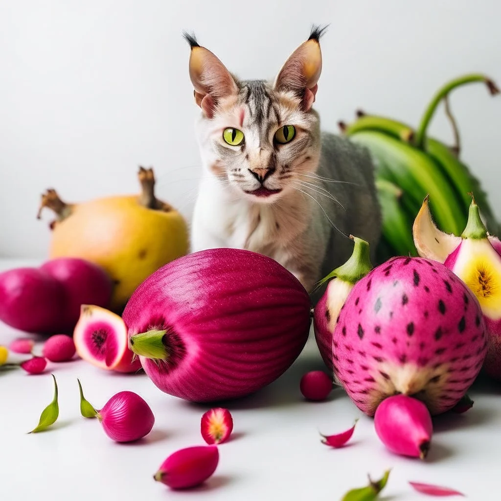 A cat surrounded by dragon fruits on a light background for removal