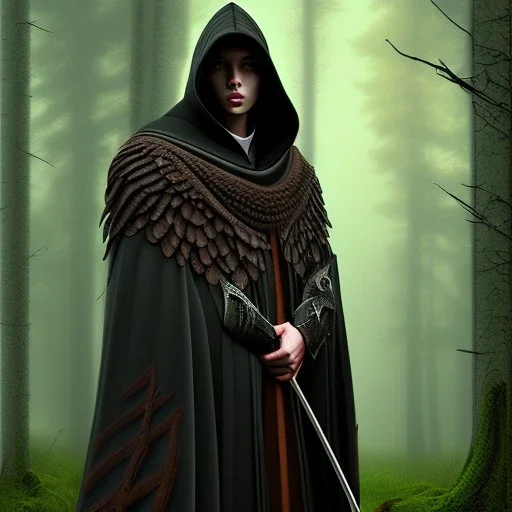 Male, Dark hair, Digital Art, Bow in hand, Hooded Cloak, Dark Forrest background