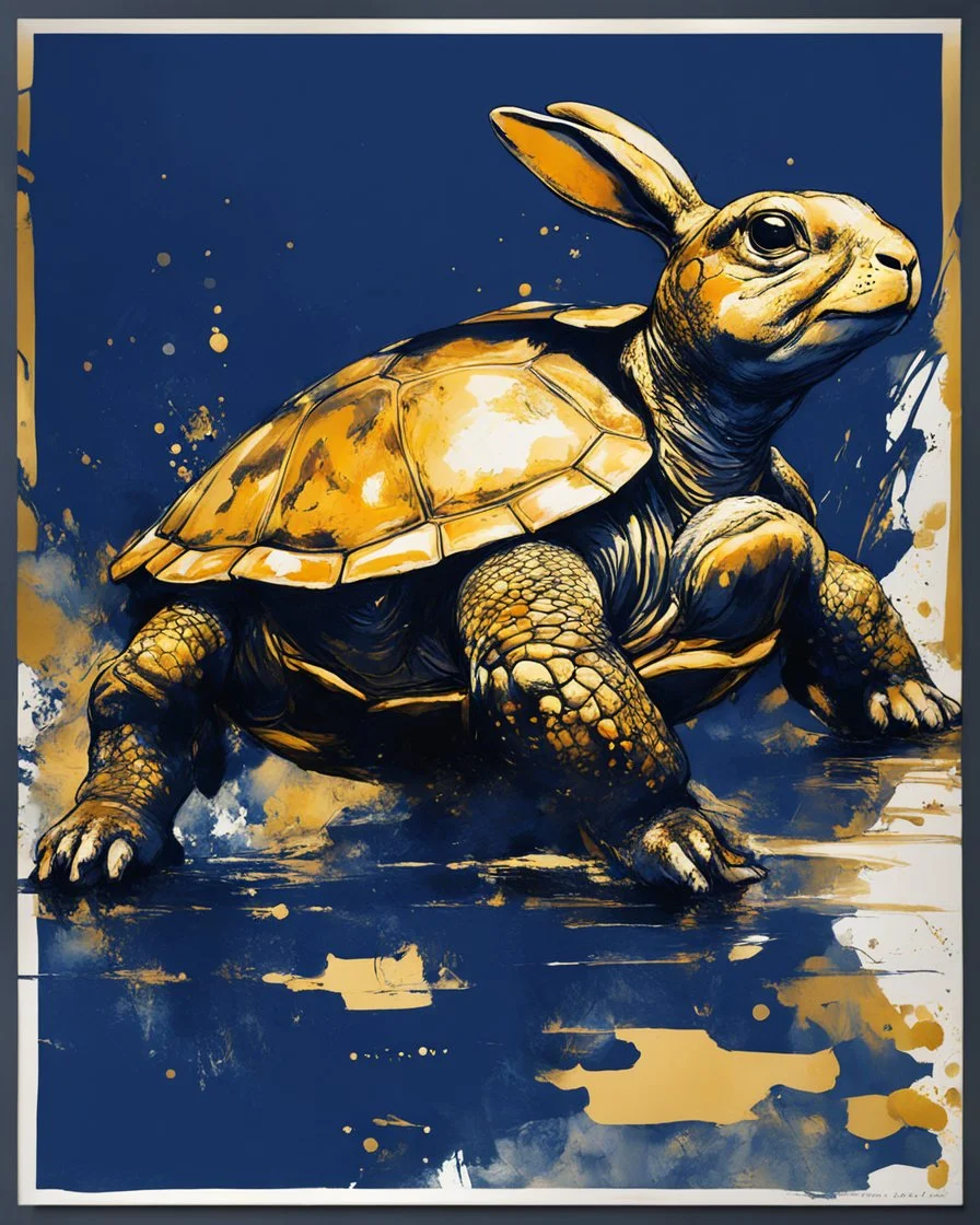 poster in two gradually, a one side Bunny darkblue and other side Turtle gold tones, painting by Yoji Shinkawa,