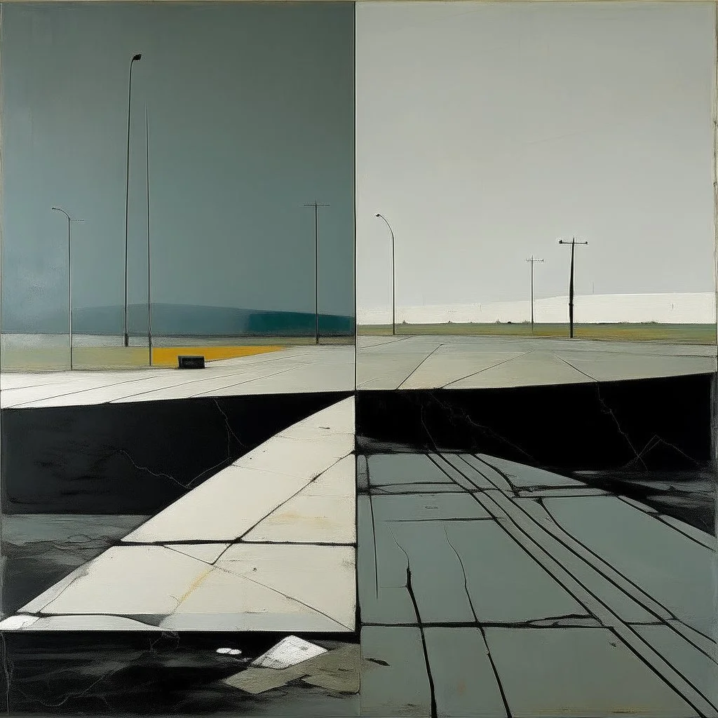 Minimal abstract oil paintings desolate 1960s carpark concrete fragments and naked bodies. style of Justin Mortimer and Francis Bacon. road markings.