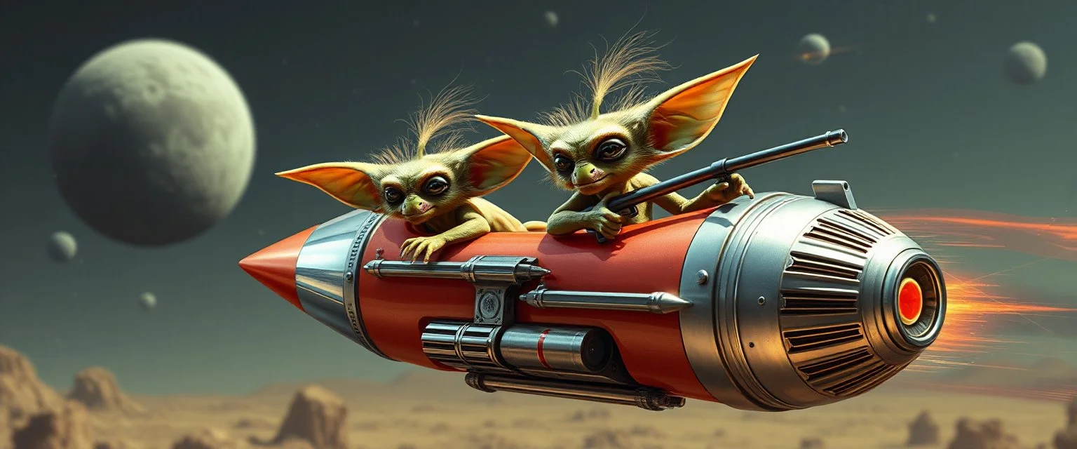 hairy macho gremlin aliens living in a hi tech marvellous hot dog rocket with a mounted sling shot, heading for venus