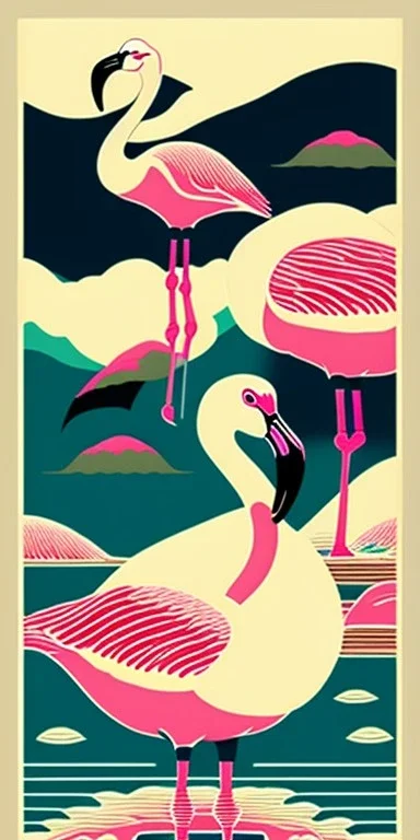  a group of flamingos that are on top of each other, a poster by Nōami, ukiyo-e, anime aesthetic, minimalist.