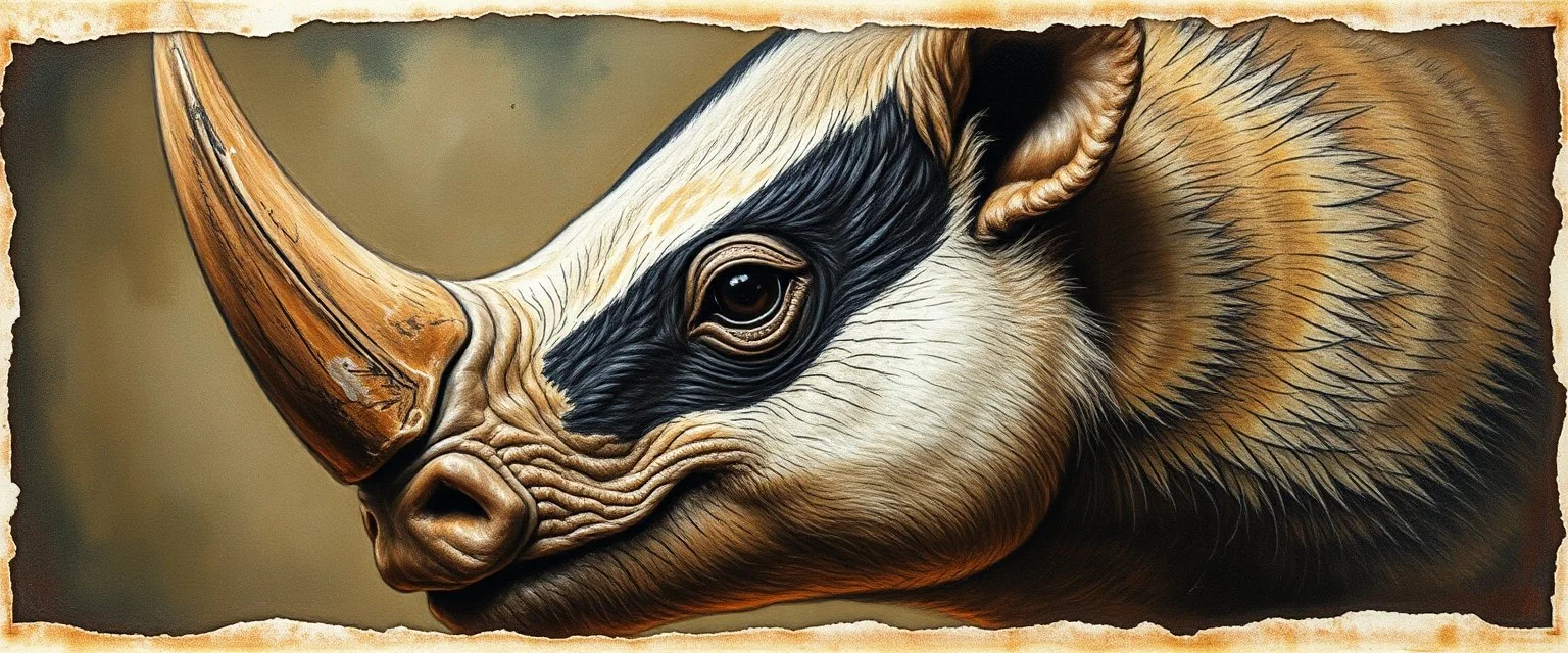 airbrush and pen outline, close up on rhino badger , pinhole cam, airbrush 3d rendering, in the style of Titian and Rembrandt , torn edges on border