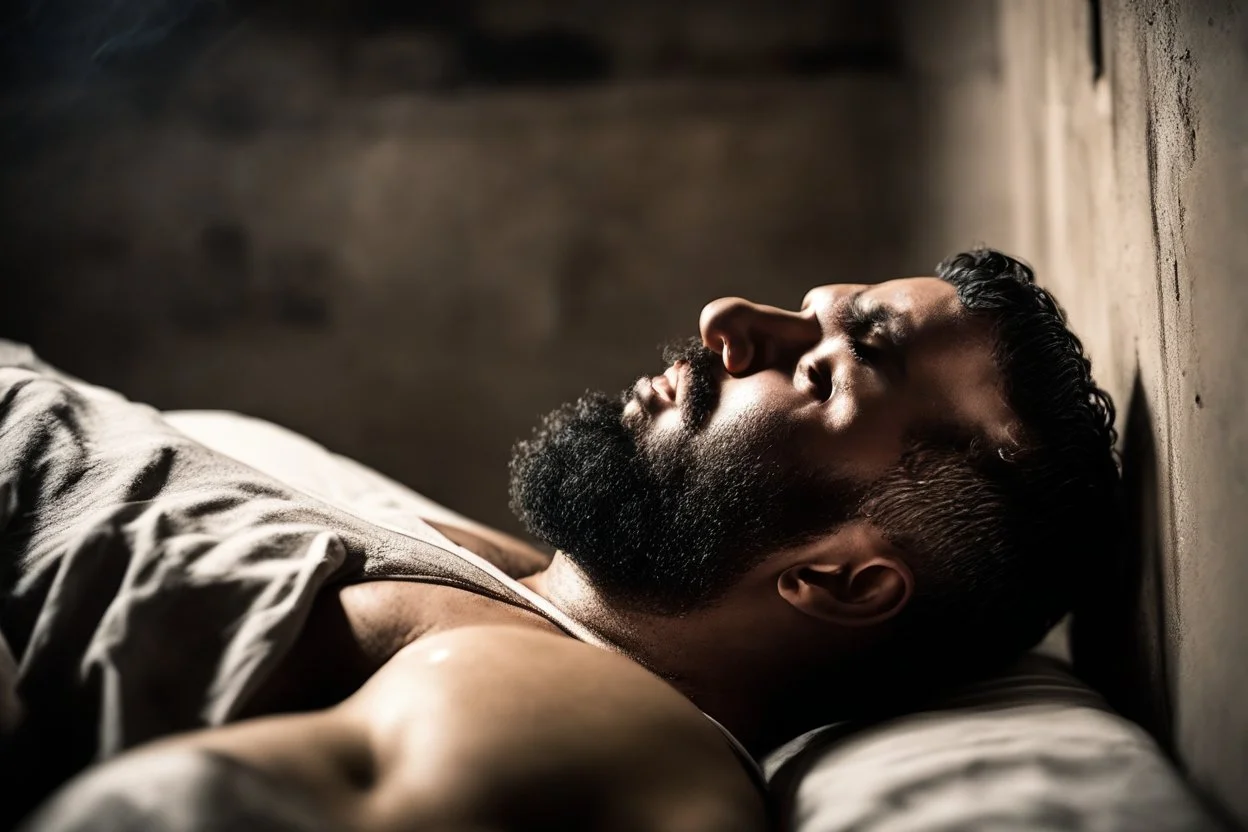 half figure shot photography of a sweat dirty marocan prisoner in cell sleeping lying down on a bed , manly chest, shirtless, muscular strong chubby 34 years old, low lights, ajar mouth, long beard, misery and poverty, dim light enters from a skylight above, lights from above, photorealistic, ambient occlusion, aerial view