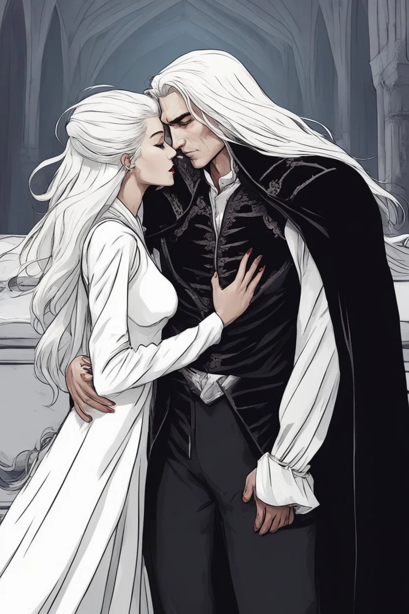 Strahd Von Zarovich being kissed by a beautiful woman with white hair, wearing an off the shoulder dress. Settling and background are a lavish toomb with an ebony coffin.