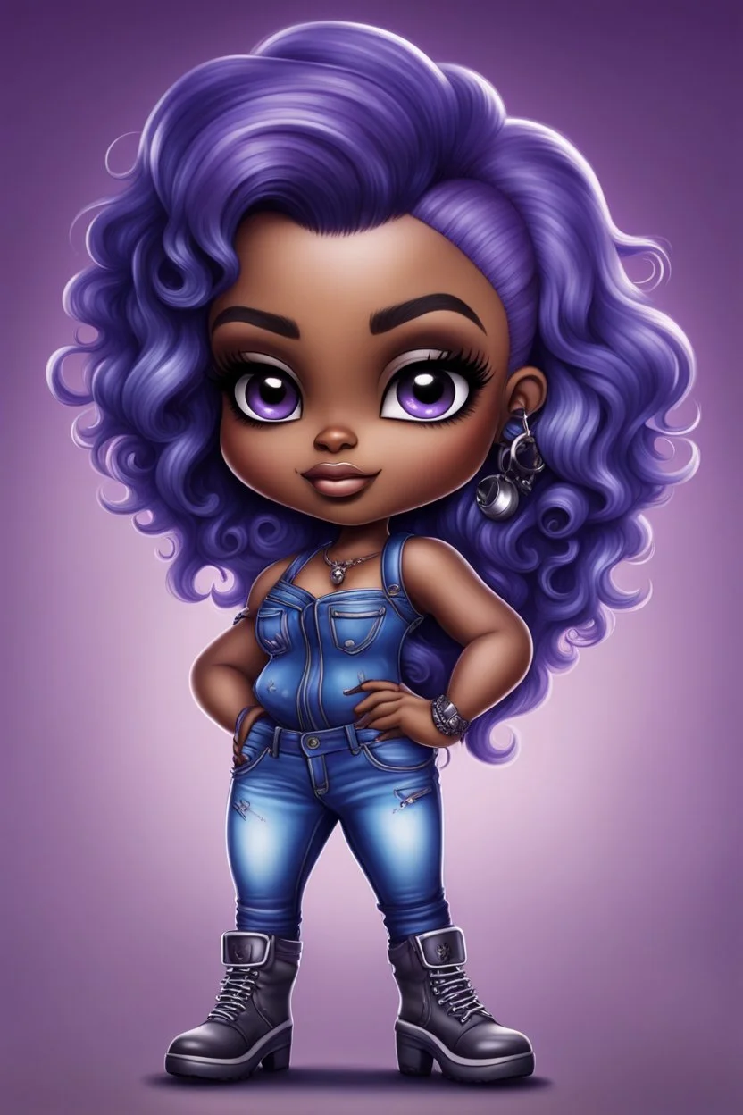 create an airbrush illustration of a chibi cartoon voluptuous black female wearing a blue jean outfit with biker boots. Prominent make up with hazel eyes. Extremely highly detail of a very low purple pixie haircut. Background of a bike show.