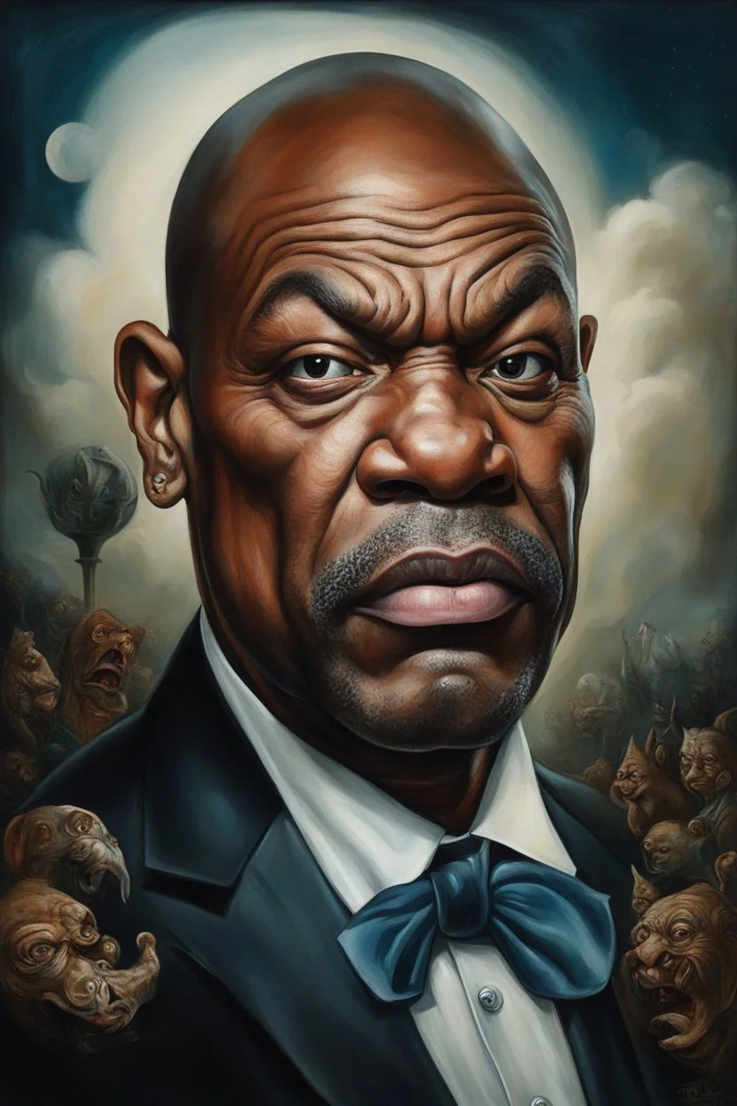 A hauntingly bizarre caricature portrait of a man, in the style of a surreal painting by Bosch Mike Tyson