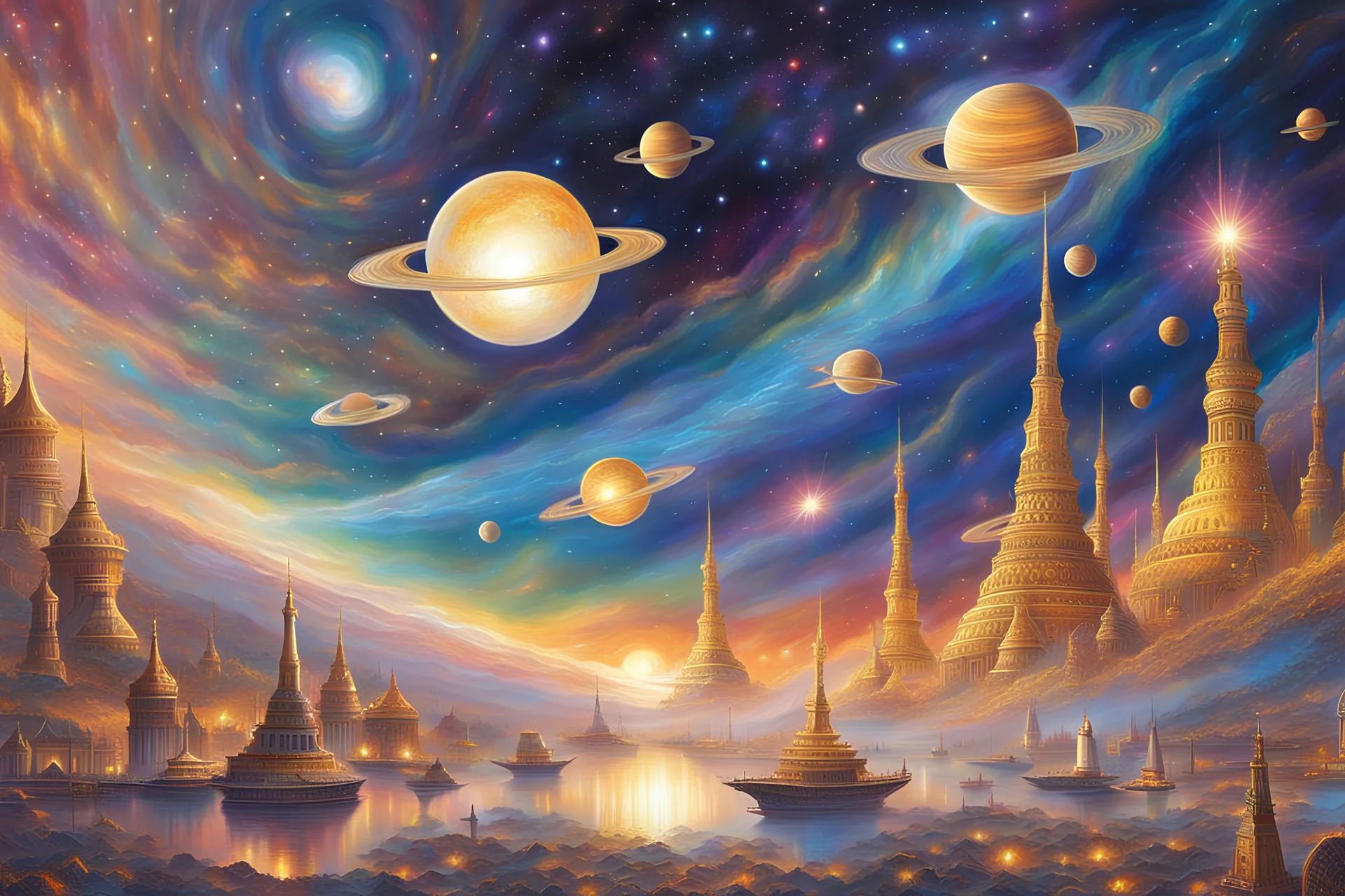 Mesmerizing galactic painting a celestial fleet of space Ships, elegant gold white colours, radiating vibrant glitters of bright light of the space. Its space form is a symphony of iridescent bright luminous colours, with scales that shimmer like precious gems and intricate patterns and mirrors. Luminescent rays illuminating its surroundings with an ethereal glow. The image captures every intricate detail of this vivacious creature, showcasing its celestial beauty in high-definitioN