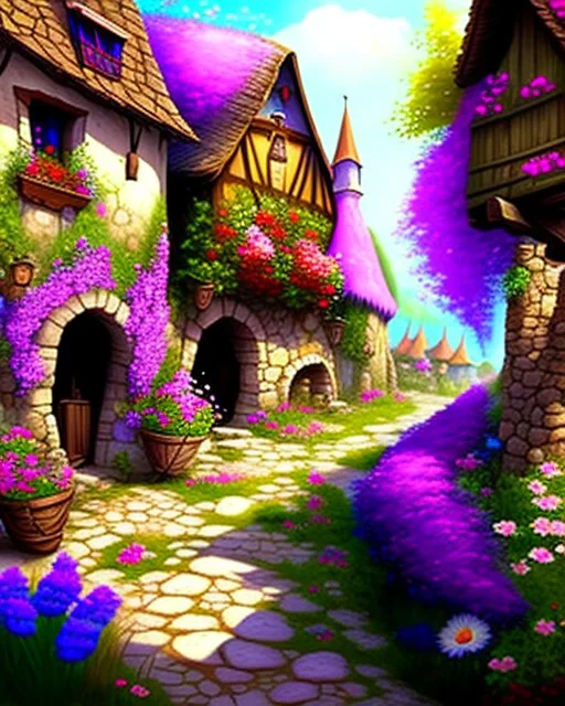 medieval fantasy village with flowers rpg art painterly