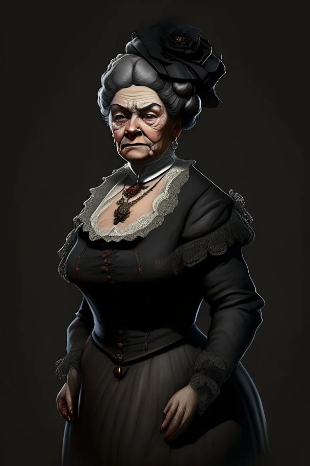 warm but stern aunty victorian era, posh british accent influenced, high born facial features dnd character on a solid black background, full body image, high quality realistic.