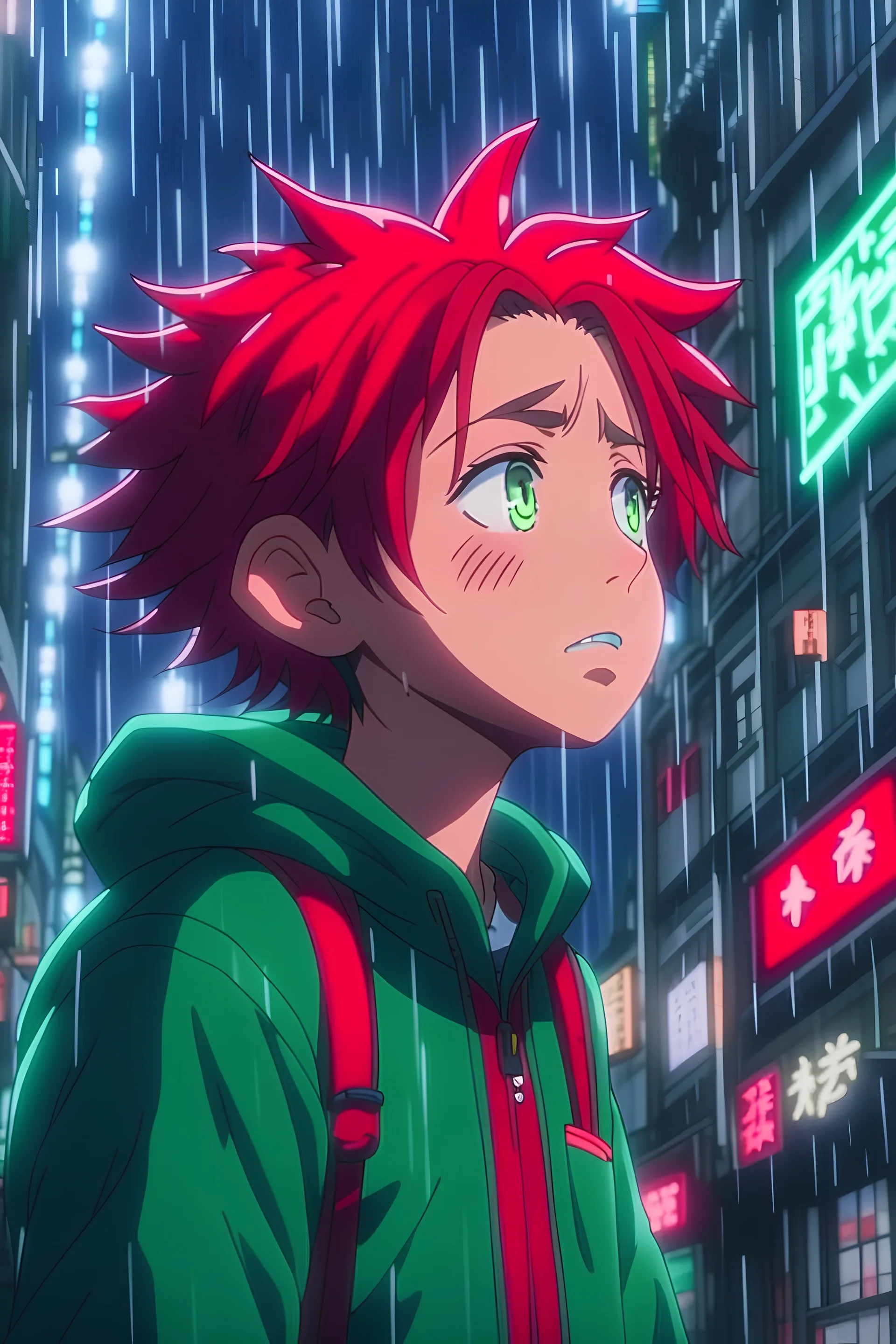 Tanjiro in the rain in the city looking up