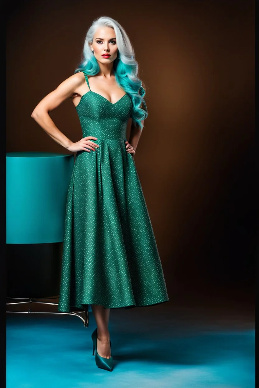 full body of very beautiful ukrain lady wearing green_blue pretty midi flared dress ,white gray hair ,standing idle pose in studio