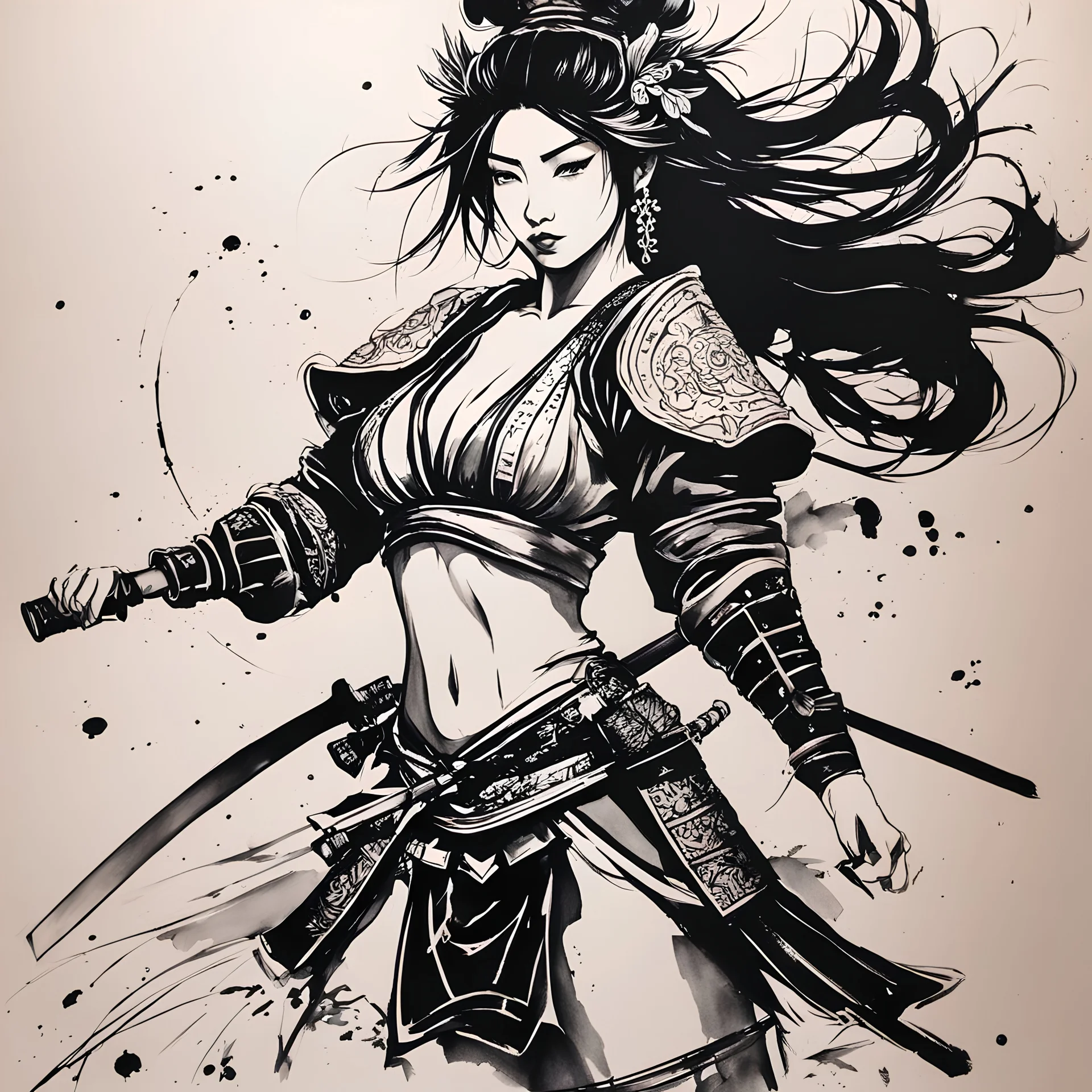 Full"female samurai dancer body line , illustrate alchohol ink on wet paper."maybe add some neon smoky, looks feeling mistress, and there are some lions, tigers around her