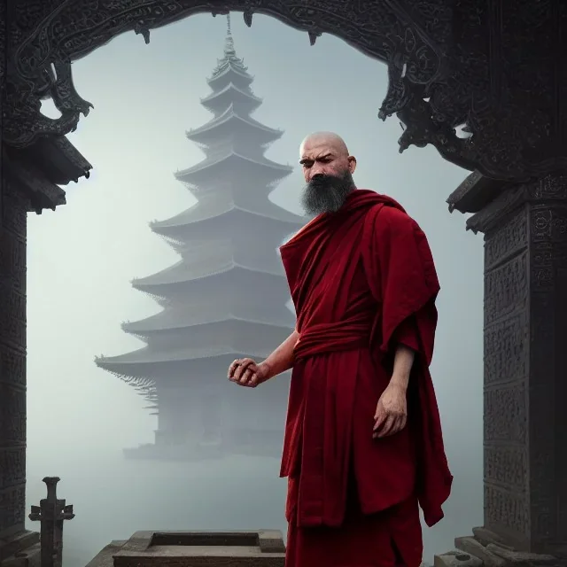 Portrait of a monk, fog, distant Asian temple, profile, grim, dark, Frank Frazetta, Greg Rutkowski, hyperdetailed, dnd, trending on Artstation, Splash screen art, dynamic lighting, hyperdetailed, intricately detailed, a masterpiece, 8k resolution, high contrast, bearded, red robe, detailed face