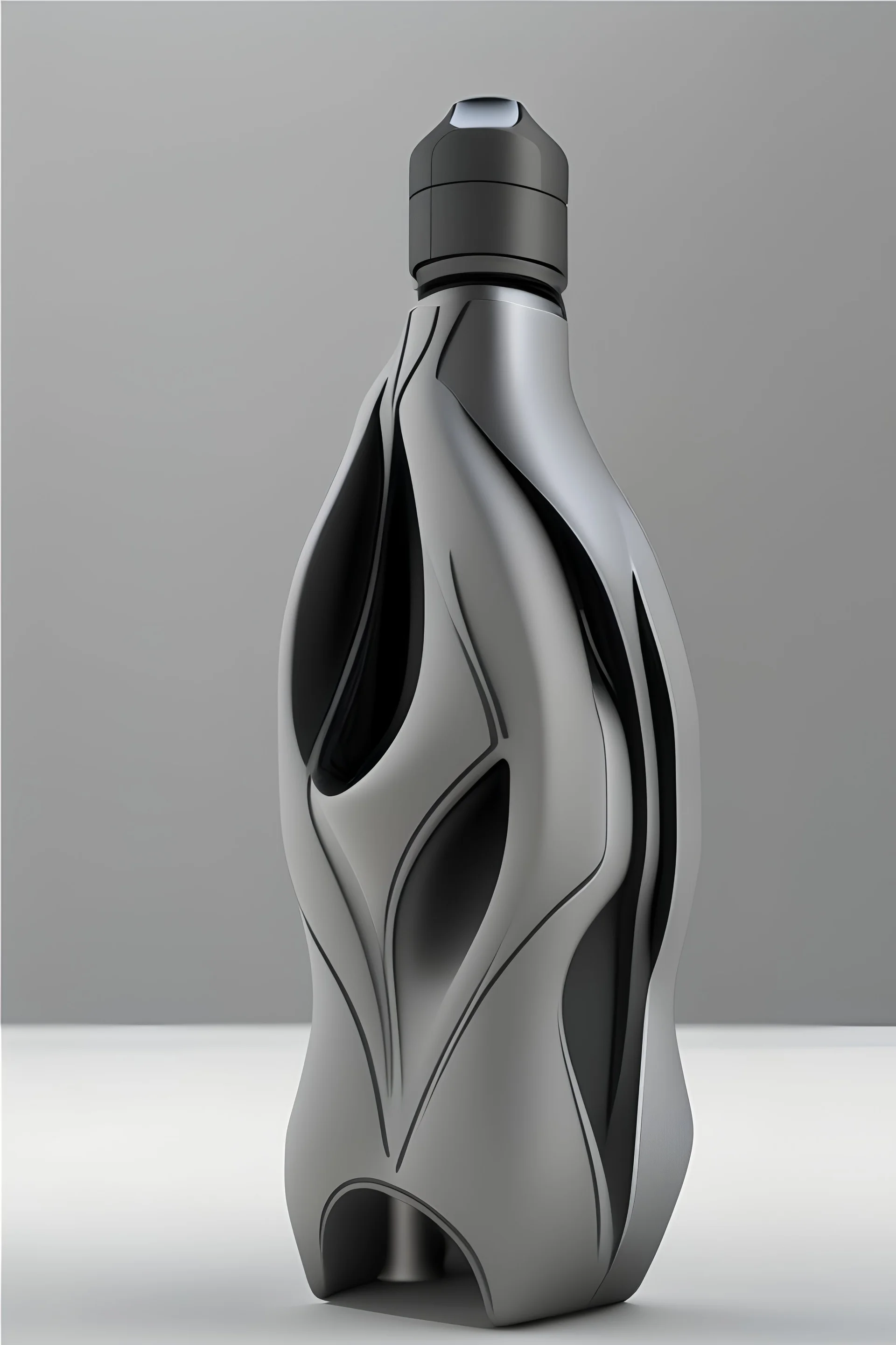 The lubricant oil bottle features a distinctive and modern shape that sets it apart from traditional bottle designs. It takes inspiration from sleek and futuristic elements, creating a visually appealing and functional design. Style sketch render gray