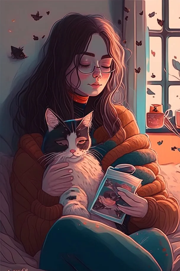 cozy vibes art girl with cat