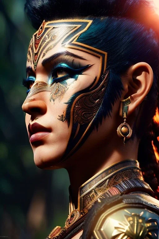 Amazon warrior, waist up portrait, 8k resolution, intricate details, ornate details, soft lighting, vibrant colors, retroanime, masterpiece, intricate eyeliner, dark eyeshadow, eyes, facepaint, hair, intricate tattoos, jungle background