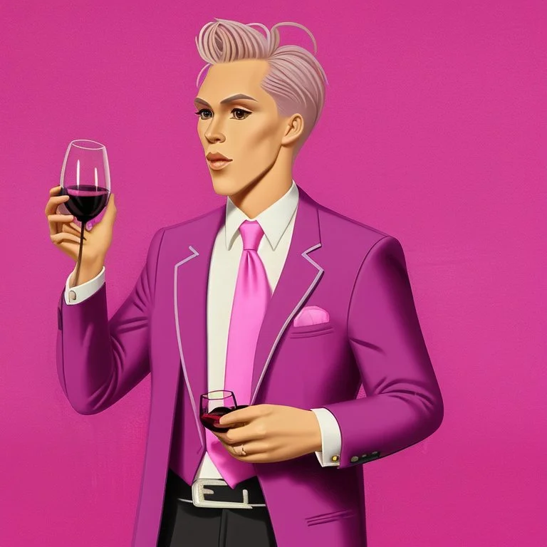 The pink panter in in a pink suit, glam style and a glass of red wine in his hand, pink background too