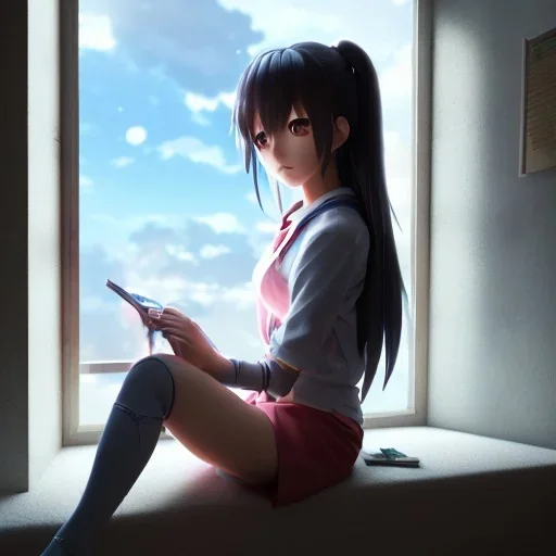 Anime girl studying in room, window, nature, anime style, unreal engine 5, studio lighting