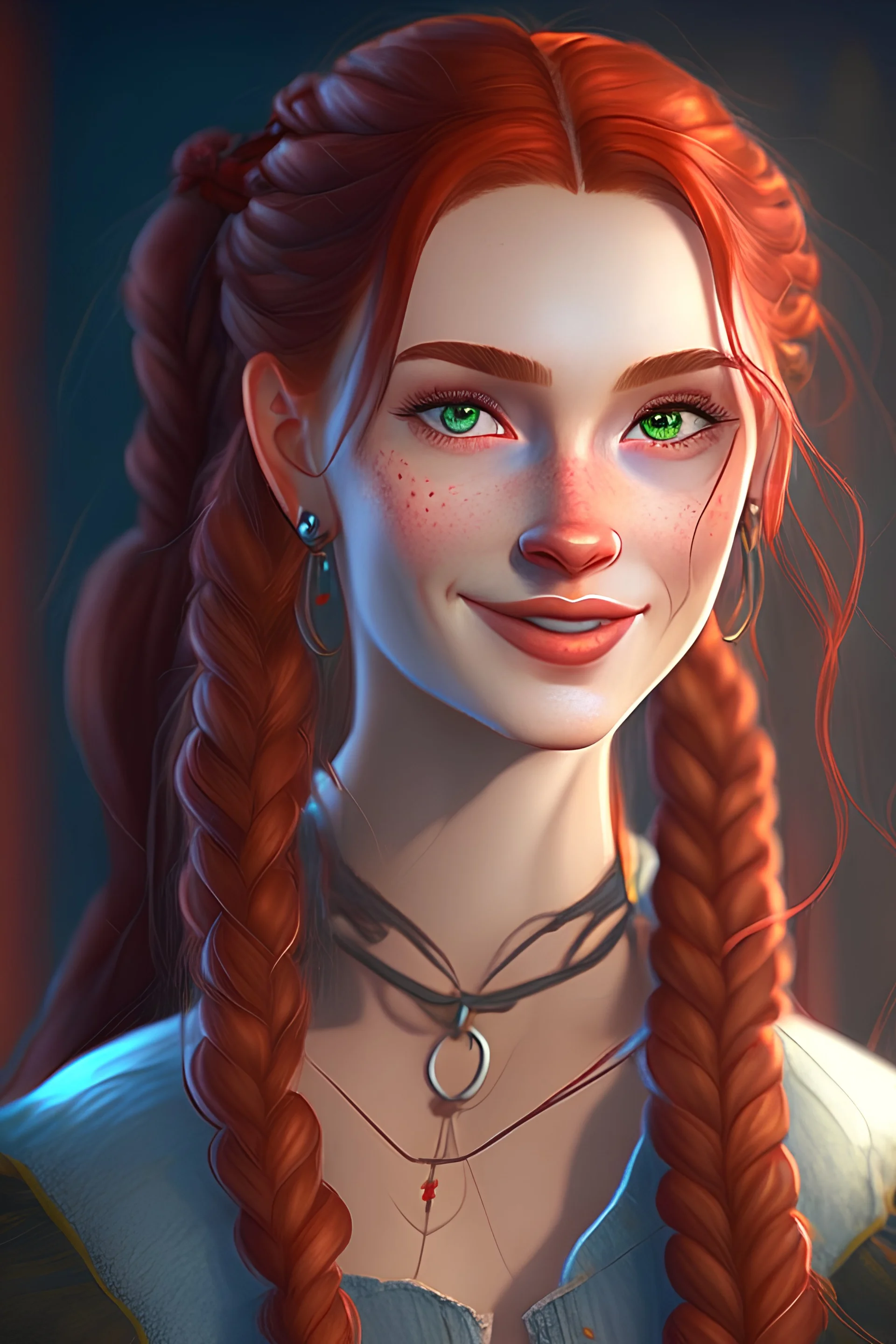 girl, masterpiece, best quality, cinematic lighting, detailed outfit, vibrant colors, perfect eyes, red hair, red eyes, long hair, braided ponytail, hairclip, earrings, smile, casual clothes