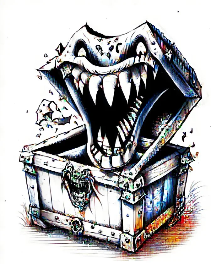 mimic treasure chest with teeth rpg art black and white sketch