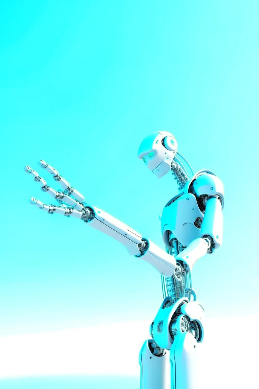 Draw robot arm with slender flexible structure and flexible joint. The three-dimensional structure in the figure needs to be filled with color, and the background uses the light blue sky composition.