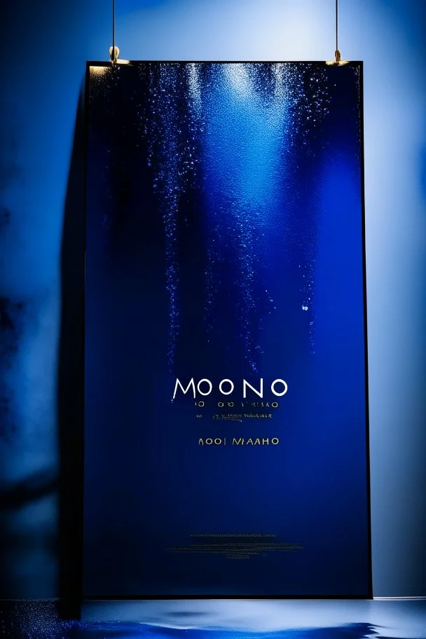 create a high quality minimal poster for mono product reveal photo with nice photography techniques from a brass Coupling wall elbow fitting , dark semi blue background, a dreamy blurred bokeh background with excellent warm lighting, on a luxury scenes in a studio splash clear water , on a pice of velvet