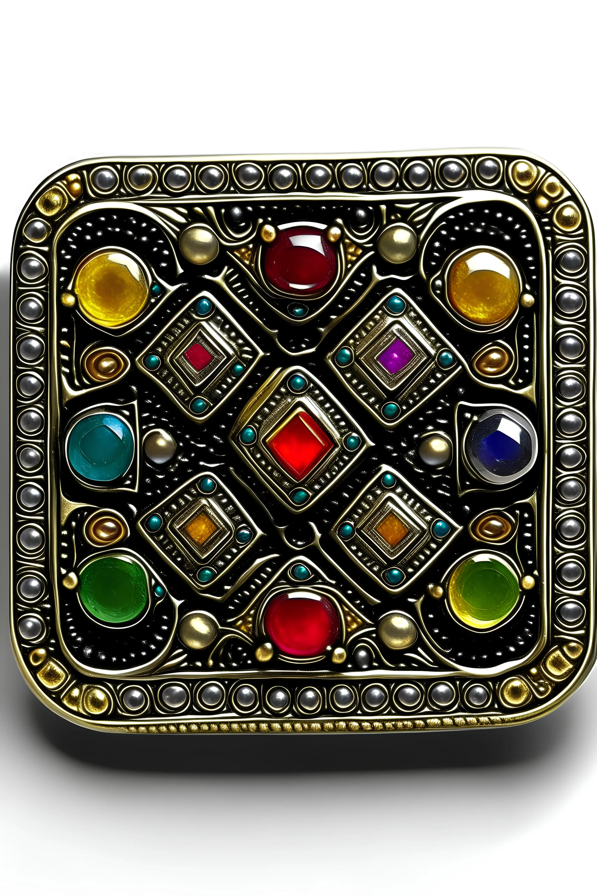 Jewish futuristic square pectoral with 12 precious gems inside it.