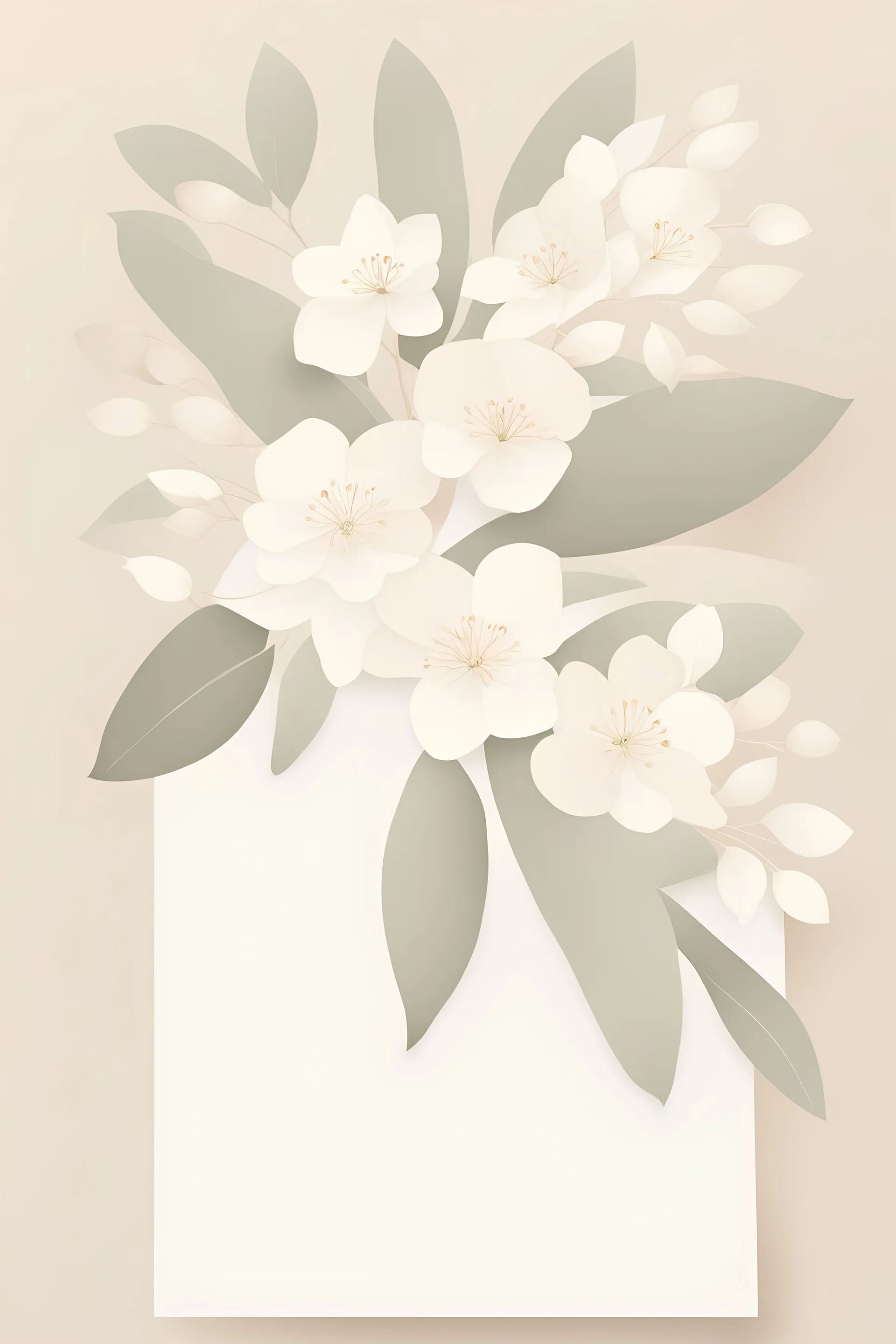 A stunning minimalist stationery design illustration exudes elegance and sophistication. The background features a soft, beige tone intertwined with a hint of subtle shimmering white, providing a clean and inviting canvas. Delicate eucalyptus leaves and white blossoms gracefully adorn the illustration, blending nature with modern design. The center page stands mostly empty, beckoning the user to unleash their creativity and personal expression, transforming this pristine canvas into a masterpiec