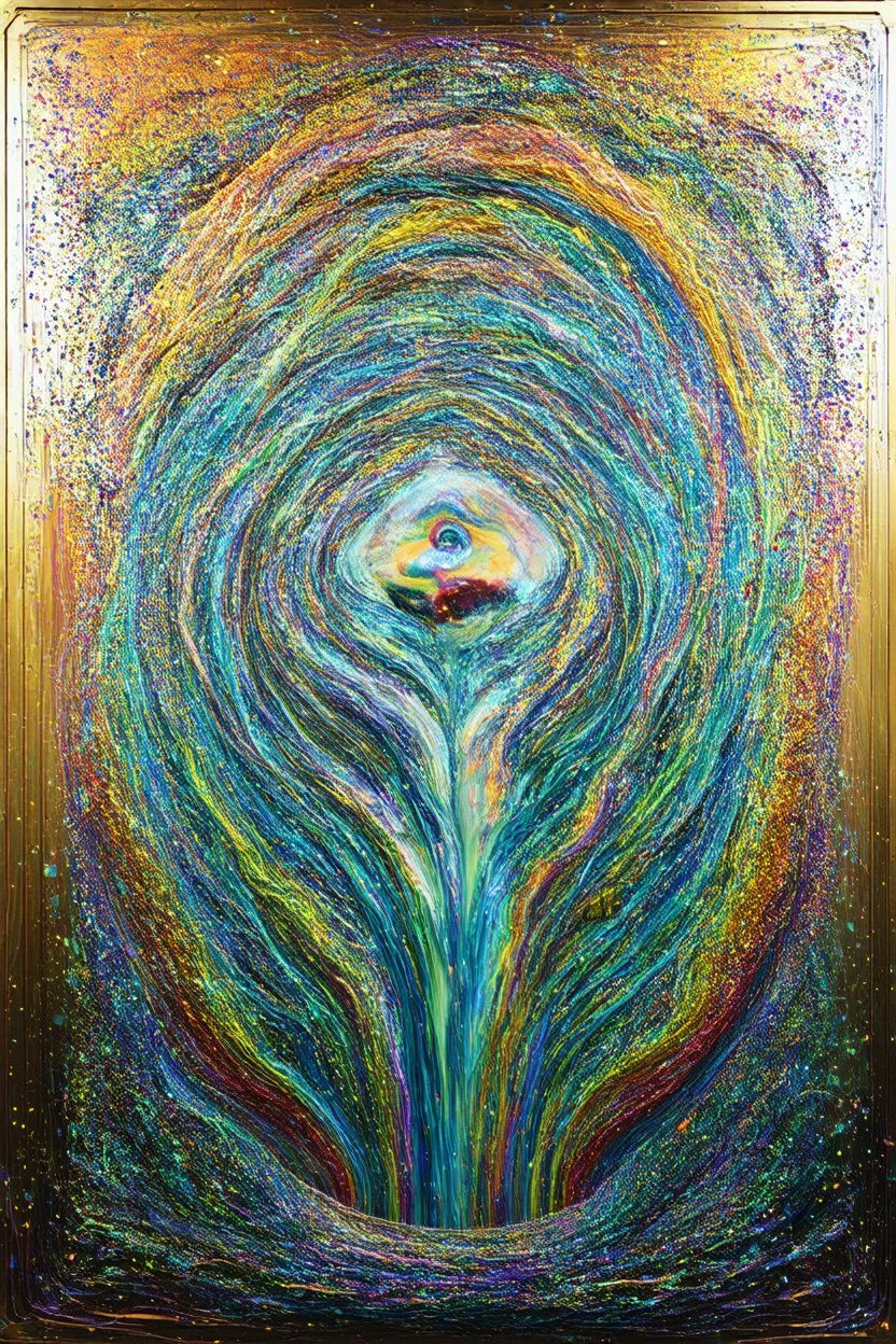 Nothing's going to stop the flow; Neo-Surreal Symbolism of the mental state of flow inspired by Hundertwasser and Kandinsky; Golden Hour; Controversial; Mendacious; Audacious; Whimsical; sparkly Pale Fluid Metal Pastel palette