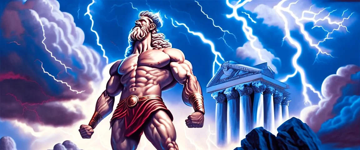 Detailed and realistic illustration of Greek god Zeus holding lightning in front of him Vintage style illustration. Red lightning. Ultra high resolution, realism, muscular, low fat percentage, blue clouds in the background, temple on the background, mount olympus on the background, lightning stricking on the background, Realistic men, no disformations, dark moody, strong, bold