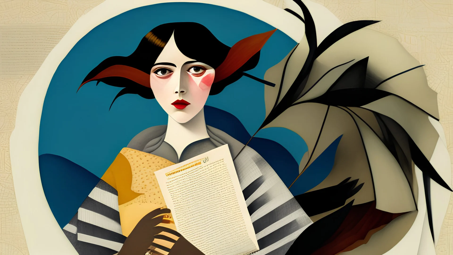 a painting of a woman holding a piece of paper, a storybook illustration by Hannah Höch, reddit contest winner, american scene painting, mixed media, academic art, dynamic composition