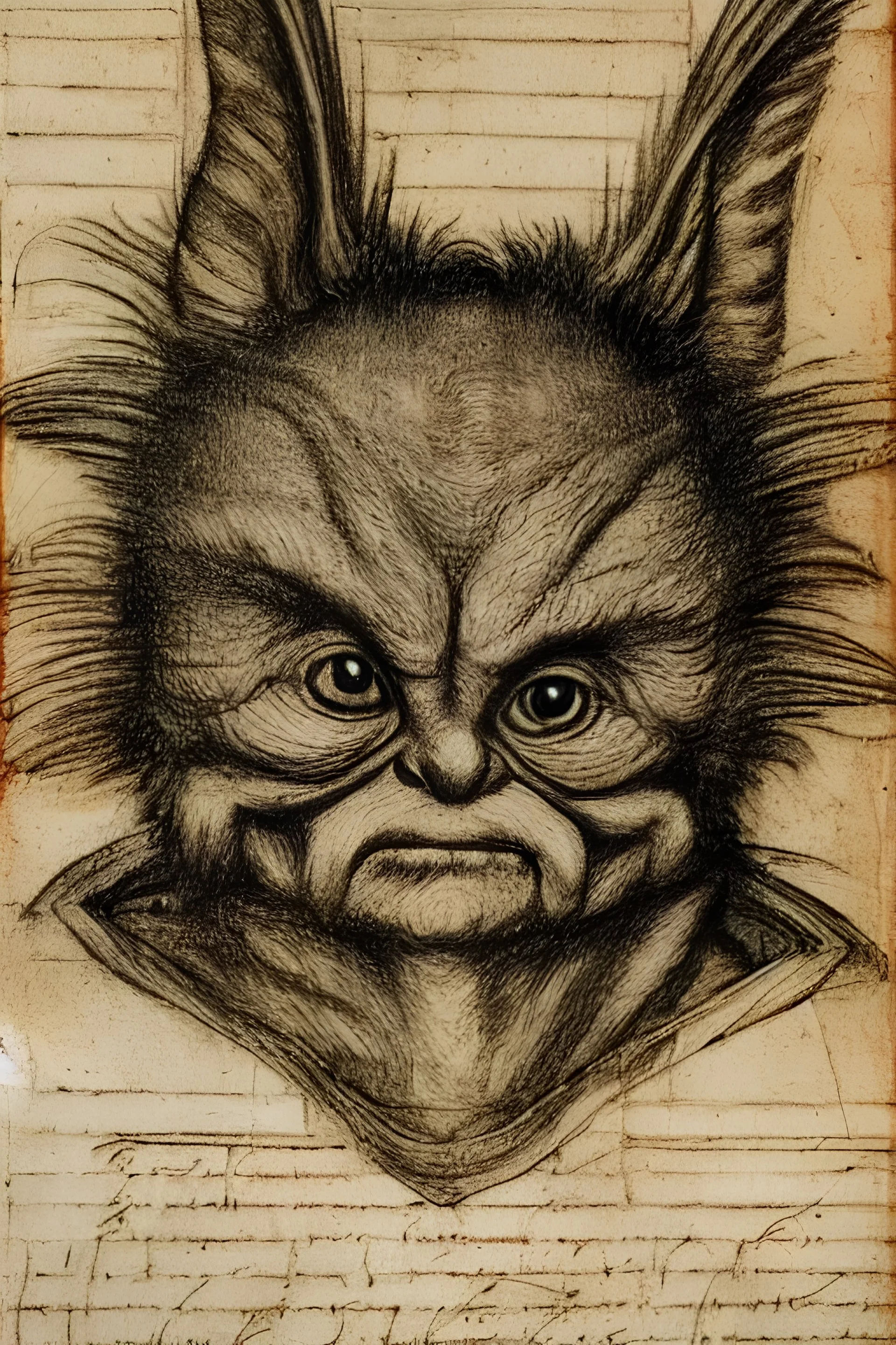 Portrait of a gremlins, drawing by leonard de vinci, old parchment, old paper, very detailed, high quality picture very beautiful very intricate, 8k, hdr