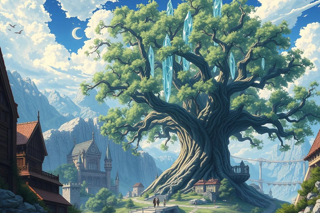 retro anime style, serious 1990s OVA anime style,Best quality, masterpiece, ultra high definition,Highly detailed painted anime final fantasy artwork style, Giant tree, gorgeous shiny crystal tree Yggdrasil, at the bottom medieval fantasy city