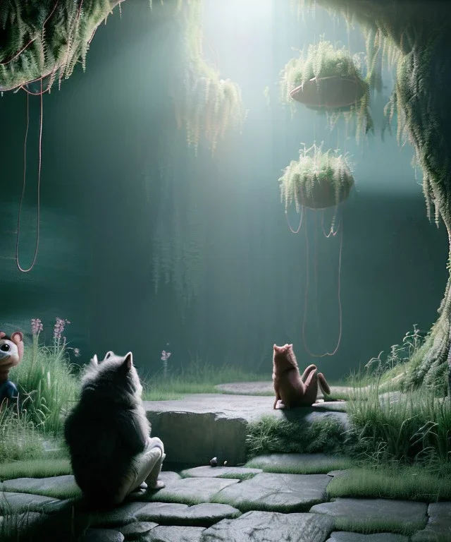 Realistic room scene. sweet big furry monster sitting. girl from behind. Steven Spielberg style. Red hair, smile, happy, gradient color fog. highly detailed, concept art, unreal engine 5, ray tracing, RTX, lumen lighting, ultra detail, volumetric lighting, 3d, finely drawn, high definition, high resolution.