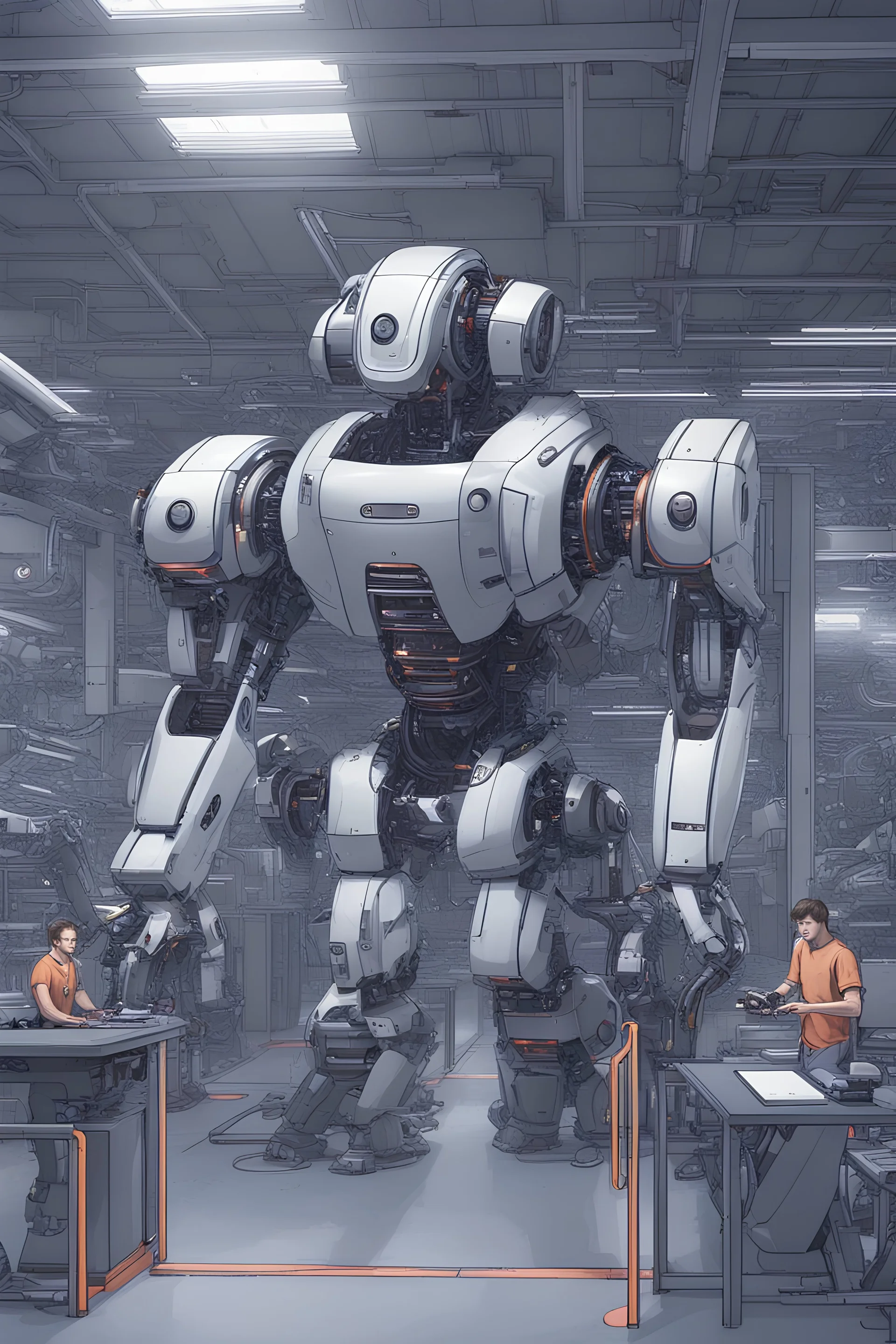 A group of massive robots using "cubase" in an advanced AI manufacturing plant, in an awe-inspiring futuristic sci-fi style